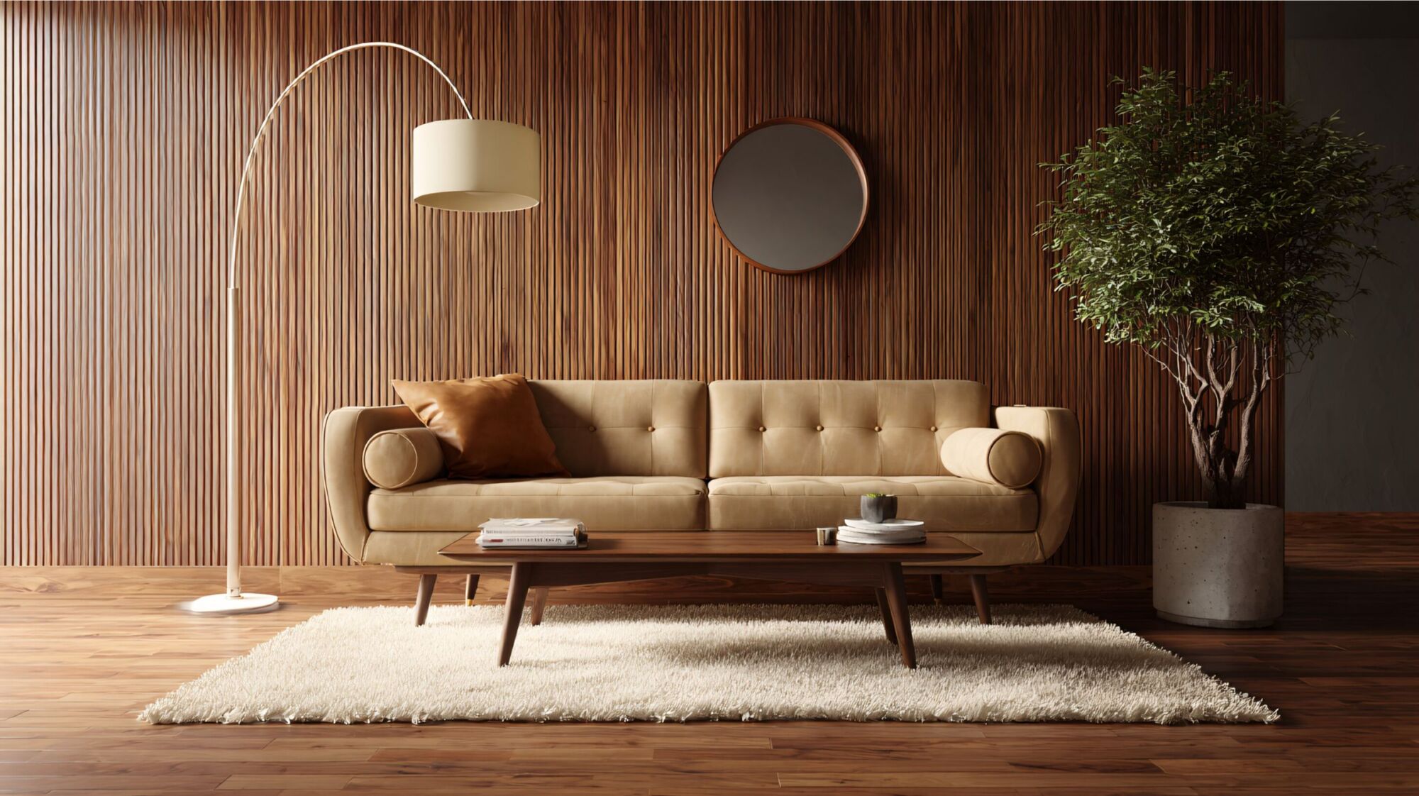 A cozy living room featuring neutral colors, a fluted composite panel accent wall with a circular mirror, a modern couch with a coffee table, a white rug, laminate flooring, and a contemporary floor lamp beside the couch.