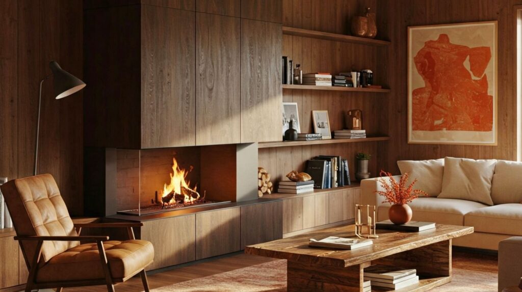 A warm, inviting living room featuring a dark brown composite panel accent wall, a curated bookshelf in warm wood tone composite panels, a cozy fireplace along the back wall, and a central coffee table paired with orange-framed artwork.