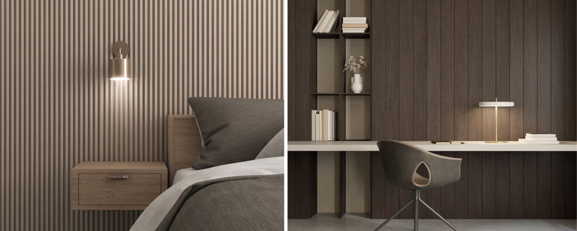 A modern bedroom with a wall-mounted lamp above a wooden nightstand next to a bed with dark gray bedding. Slatwall with thin fluted slats. Side by side with a modern desk with a chair, a minimalist lamp, and books on a shelf against a dark wood paneled wall with wider slats. Wider slats being more on trend for slatwall panels.