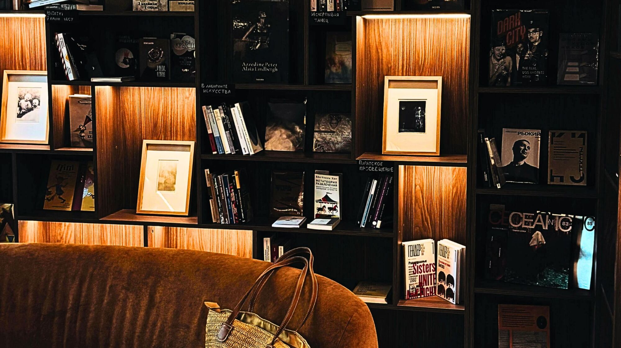 Espresso wood pattern composite panel bookshelf styled with picture frames and books. Light panels create warm and maximalist styled space.