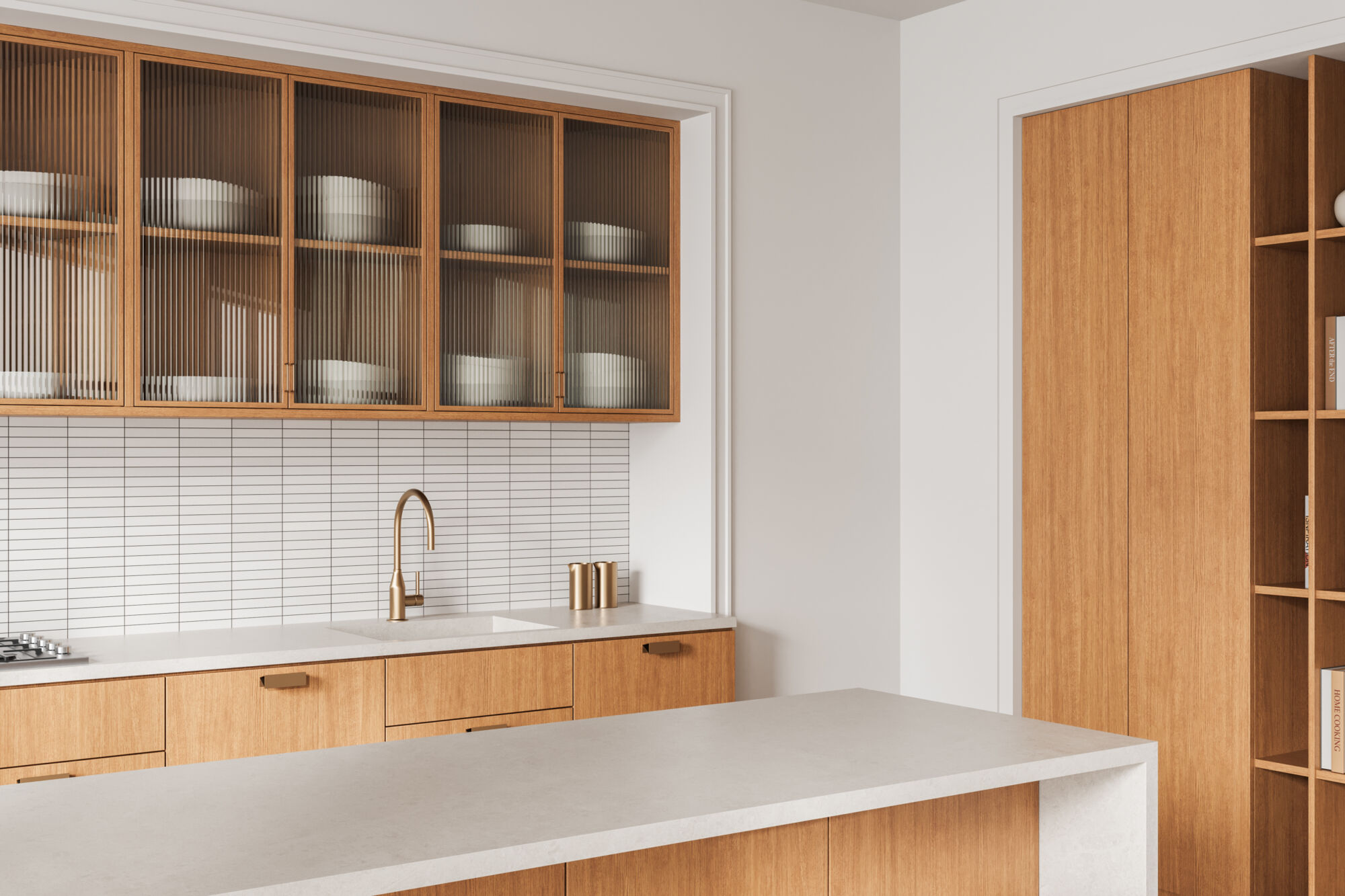 Glass front cabinets. A modern kitchen with wooden cabinets, ribbed glass upper cabinets filled with white dishes, a white tiled backsplash, and a brass faucet over a sink.