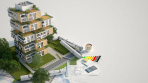 Sustainable mock up building with 3d model of building, architectural paperwork and blueprints. Energy measure chart and coffee cup on white background. Composite panels can help support green building credits including LEED.