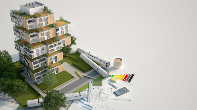 Sustainable mock up building with 3d model of building, architectural paperwork and blueprints. Energy measure chart and coffee cup on white background. Composite panels can help support green building credits including LEED.