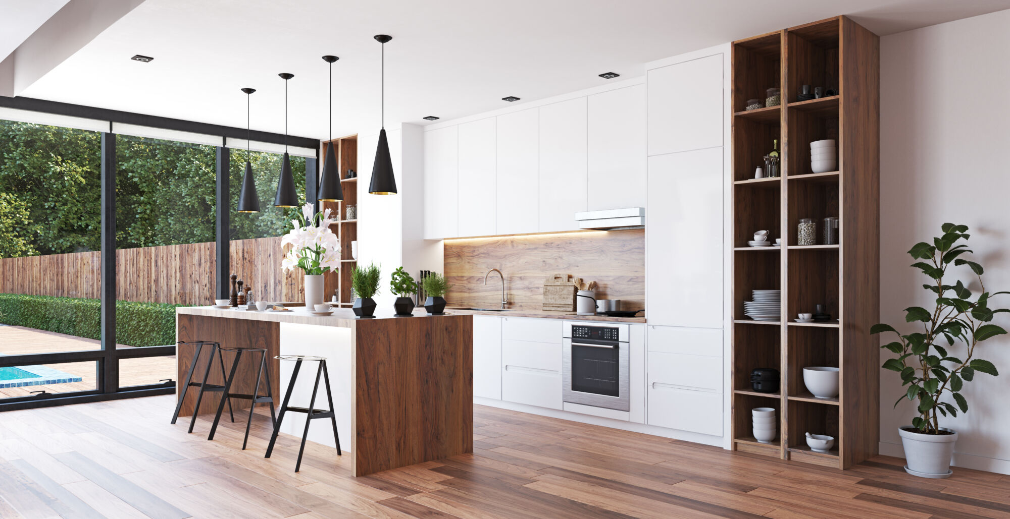 Open shelving. A modern kitchen with white cabinets, a stainless steel oven, and a tall wooden shelving unit displaying dishes and bowls.