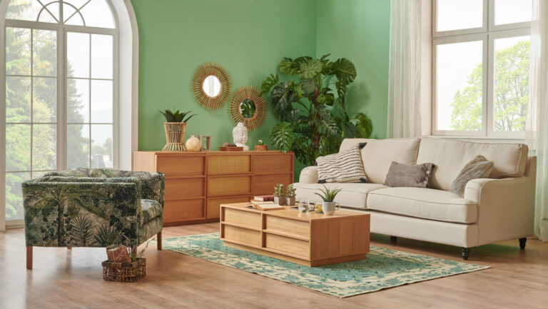 Green living room and wall background concept, wooden furniture, table, chair vase of plant and brown parquet style.
