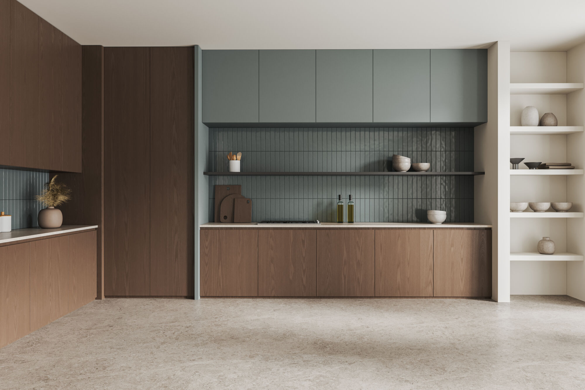 Two-tone cabinets. A modern kitchen with sage green upper cabinets and backsplash, light wood lower cabinets, and a speckled floor.