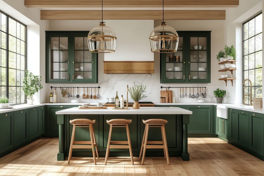 A modern kitchen with dark green cabinets, a white marble island with three woven stools, and two glass pendant lights hanging from a wooden ceiling.
