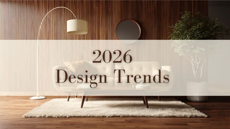 A warm, inviting living room featuring a dark brown composite panel accent wall, a curated bookshelf in warm wood tone composite panels, a cozy fireplace along the back wall, and a central coffee table paired with orange-framed artwork.