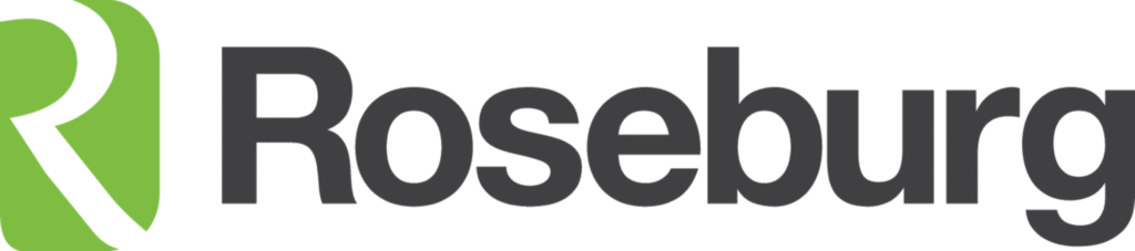 Roseburg logo with a green stylized R in a rounded square to the left of the word Roseburg in bold black letters.
