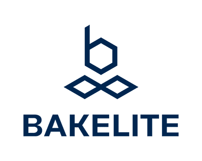 A stylized geometric logo featuring a lowercase b above two intersecting diamond shapes, with the word BAKELITE in bold, dark blue capital letters below.